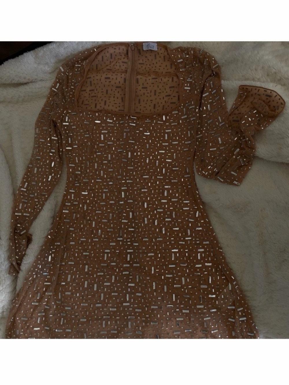 Oh Polly Tan Long Sleeve Sequin Mesh Dress